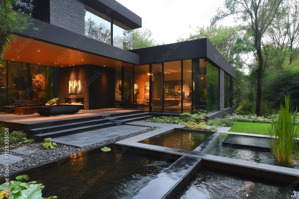 Modern house exterior showing water feature and landscaping at dusk Modern house exterior showing water feature and landscaping at dusk