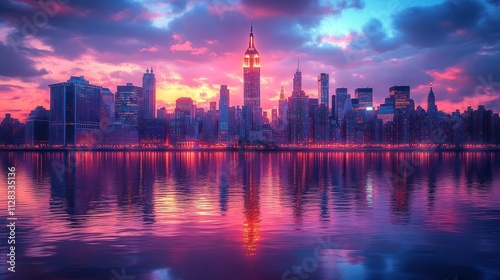 Vibrant sunset cityscape reflected in calm water.