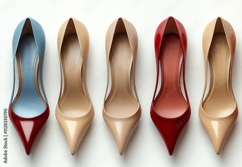 Isolated white background trendy womens high heels advanced features and various colors including unique designs and different inch heights Isolated white background trendy womens high heels advanced features and various colors including unique designs and different inch heights