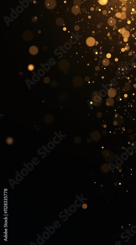 Abstract golden bokeh lights on a dark background. Blurred glowing particles for festive and celebratory vertical designs. Copy space