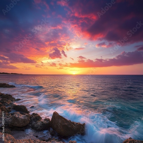 Vivid sunset over Caribbean Sea's Aruba coast photo