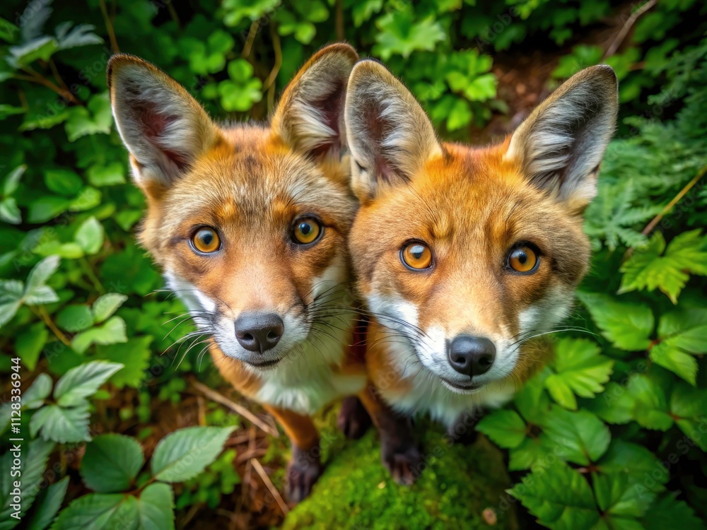 Fototapeta premium Aerial View Red Fox Pair, Wildlife Photography, Fox Gaze, Nature, Wild Animals, Stunning Aerial Shot