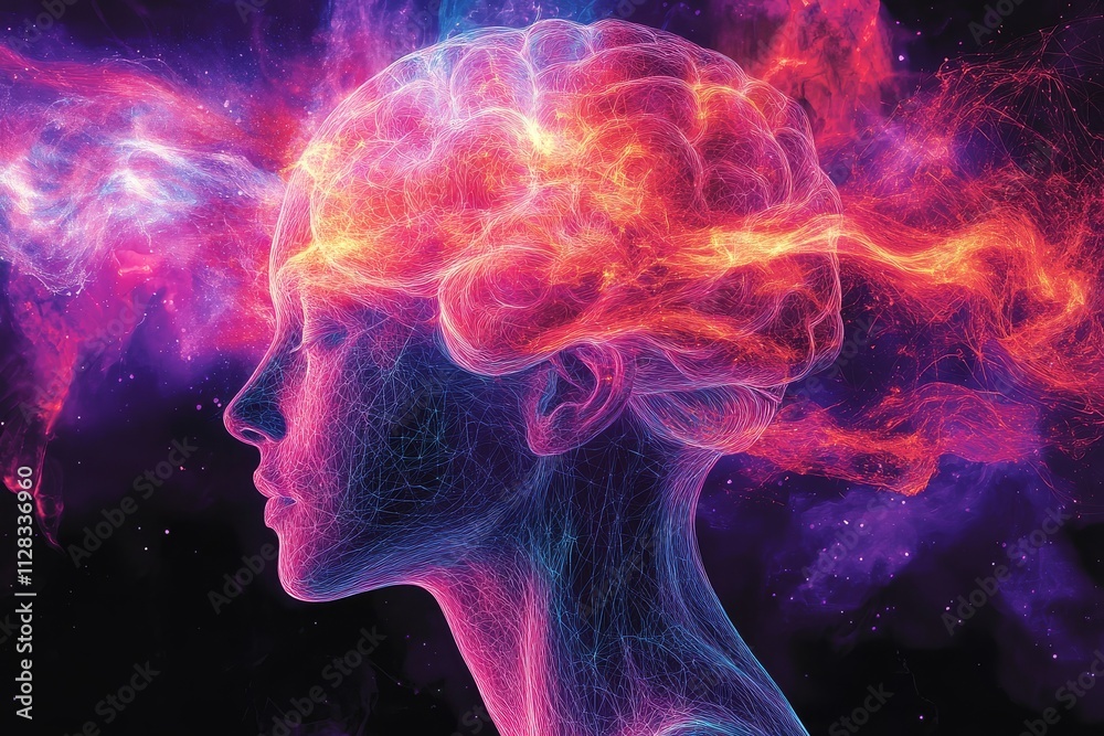 Illustration of human brain with colorful connections, glowing purple energy stream indicating mental communication, set against black background.