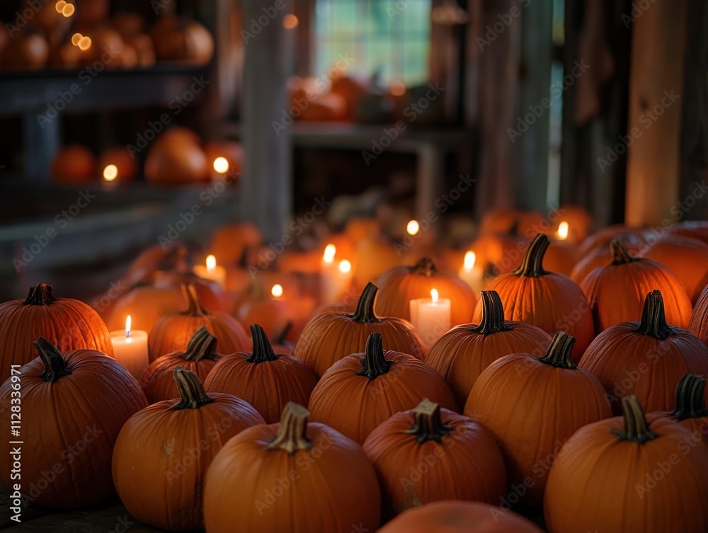 Obraz premium pumpkins with candles in a rustic setting