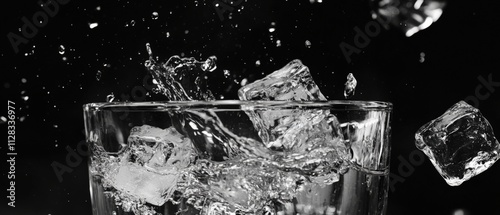 splashing ice cubes in a glass of water photo