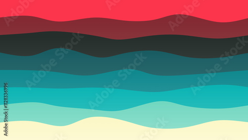 Red, skin and blue coloured wave patterned background with a flowing design