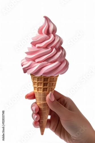 Hand Holding Pink Soft Serve Ice Cream Cone on Neutral Background