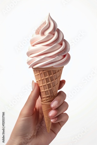 Hand Holding Pink Soft Serve Ice Cream Cone on Neutral Background