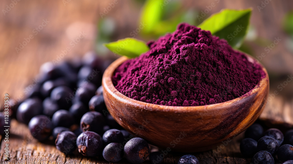 Rich purple powder in wooden bowl surrounded by fresh berries and green leaves, showcasing natural beauty and health benefits of superfoods Rich purple powder in wooden bowl surrounded by fresh berries and green leaves, showcasing natural beauty and health benefits of superfoods