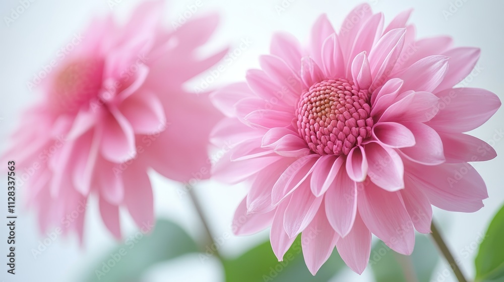 Fototapeta premium Two delicate pink dahlias in bloom. Perfect for designs needing soft, romantic imagery.