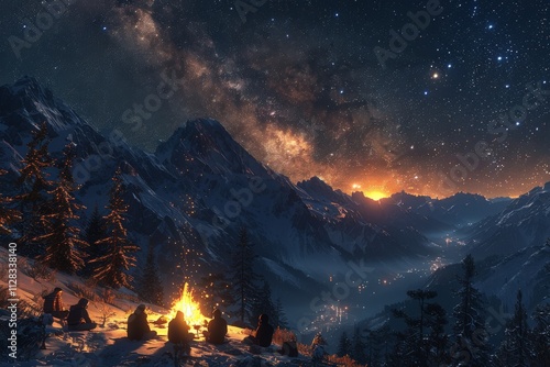 Group of campers gathered around a vibrant bonfire on a snowy mountain slope under a mesmerizing starry night sky with the Milky Way illuminating the picturesque winter landscapeCampfire