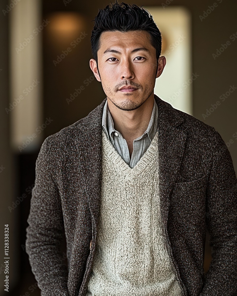 Man in a stylish outfit poses confidently indoors Man in a stylish outfit poses confidently indoors