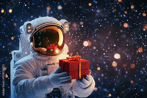 astronaut in white space suit and helmet joyfully presenting a Christmas gift box on a starry night background, with ethereal lighting enhancing the festive and magical atmosphere