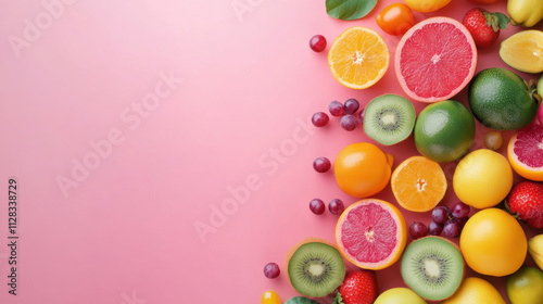 Fresh fruits arranged on pink background, including oranges, kiwis, and grapes, create vibrant and colorful display. Perfect for healthy lifestyle themes