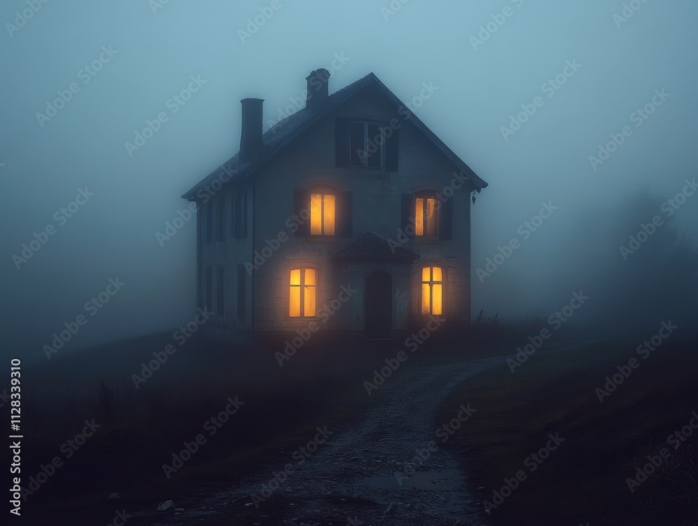 mysterious house glowing in the fog at night mysterious house glowing in the fog at night