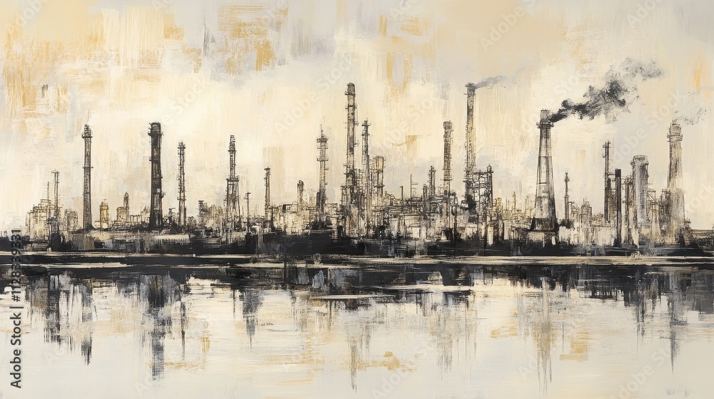 Industrial Cityscape with Smoke Stacks and Reflections Industrial Cityscape with Smoke Stacks and Reflections