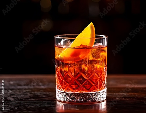 A vibrant negroni cocktail with a thick orange slice, served in a lowball glass over large ice cubes, placed on a dark wooden bar