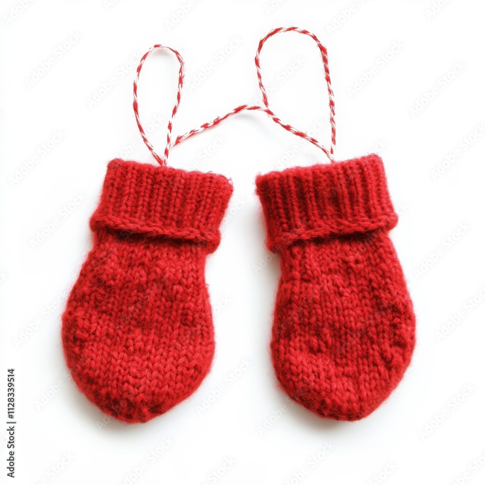 Scarlet mittens, petite and connected, isolated in whiteness Scarlet mittens, petite and connected, isolated in whiteness