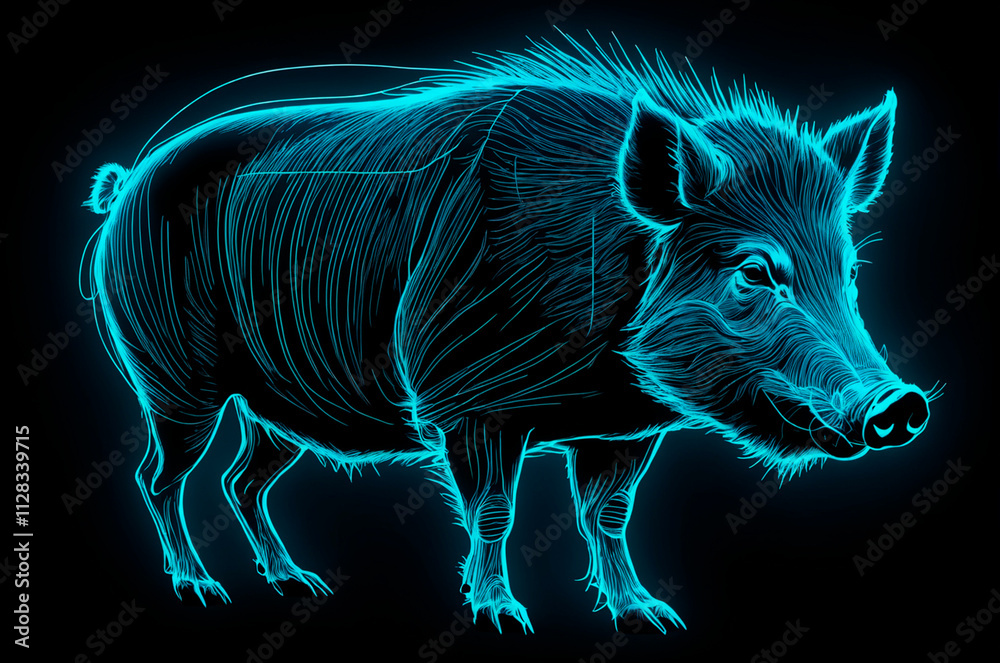 Illustration, neon aesthetics, neo-noir, X-ray image wild boar. Generative AI. Illustration, neon aesthetics, neo-noir, X-ray image wild boar. Generative AI.