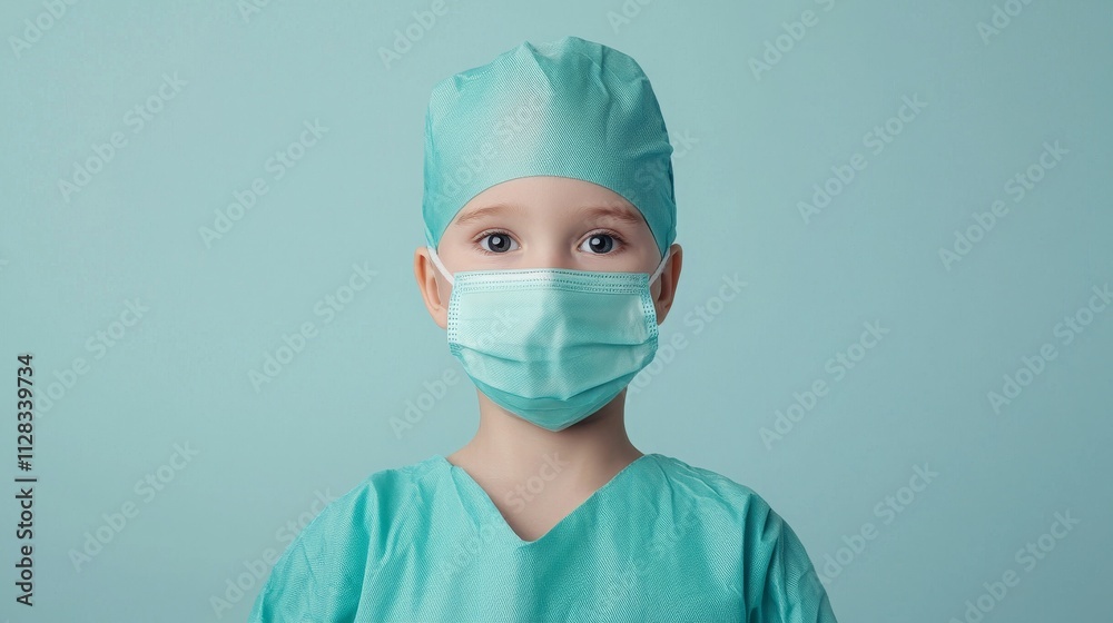 A child dressed in surgical attire, wearing a mask, against a light blue background. A child dressed in surgical attire, wearing a mask, against a light blue background.