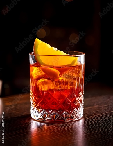 A vibrant negroni cocktail with a thick orange slice, served in a lowball glass over large ice cubes, placed on a dark wooden bar