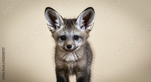 Adorable young bat eared fox staring with curiosity on neutral background