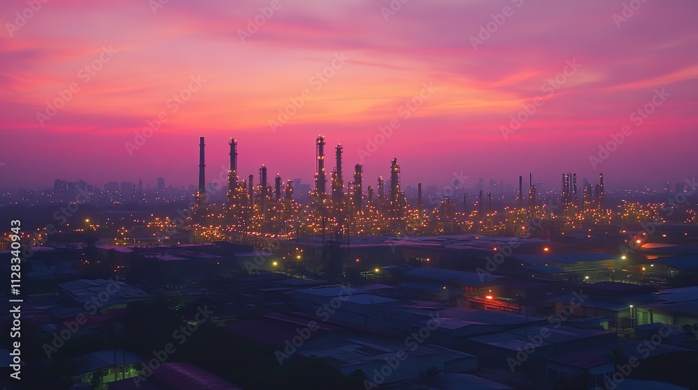Beautiful sunset view of oil refinery with lights on in industrial area at dusk for travel and business concept, 8k Beautiful sunset view of oil refinery with lights on in industrial area at dusk for travel and business concept, 8k