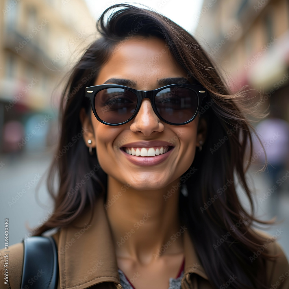 Close-up of a confident Indian woman in sunglasses, smiling on a city street Close-up of a confident Indian woman in sunglasses, smiling on a city street