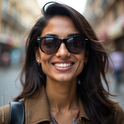 Close-up of a confident Indian woman in sunglasses, smiling on a city street