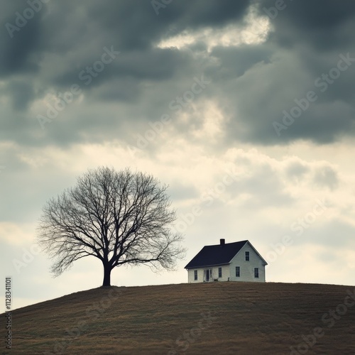 solitary house on a hill under dramatic clouds