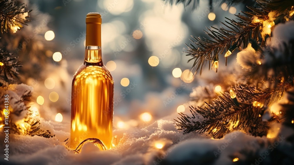 A cozy 3D Christmas scene featuring a bottle of wine nestled in snow-covered pine branches, surrounded by twinkling fairy lights, creating a magical atmosphere perfect for holiday celebrations and wi A cozy 3D Christmas scene featuring a bottle of wine nestled in snow-covered pine branches, surrounded by twinkling fairy lights, creating a magical atmosphere perfect for holiday celebrations and wi