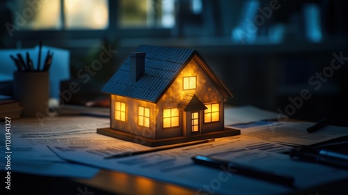 cozy illuminated house model on a desk at night