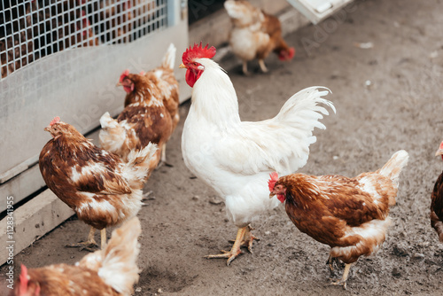 a rooster and a few chickens on a farm in front of the feed wagon