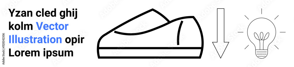 Abstract shoe outline, downward arrow, light bulb with plant, text elements. Ideal for fashion, creativity, innovation, eco-friendly designs, entrepreneurship, sustainability, minimalism themes Abstract shoe outline, downward arrow, light bulb with plant, text elements. Ideal for fashion, creativity, innovation, eco-friendly designs, entrepreneurship, sustainability, minimalism themes