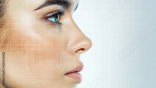 A close-up profile of a woman's face, showcasing her skin texture and eye detail, enhanced with a digital grid overlay.