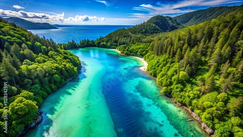 Aerial View of Turquoise Ocean and Lush Forest - Sunny Day