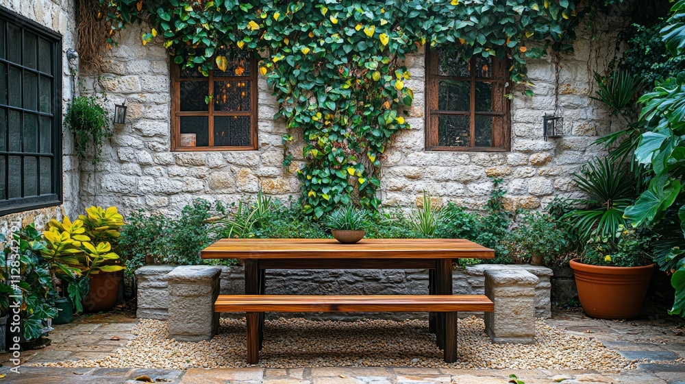 Obraz premium Rustic Outdoor Patio with Stone Wall, Wooden Table and Bench, and Lush Greenery
