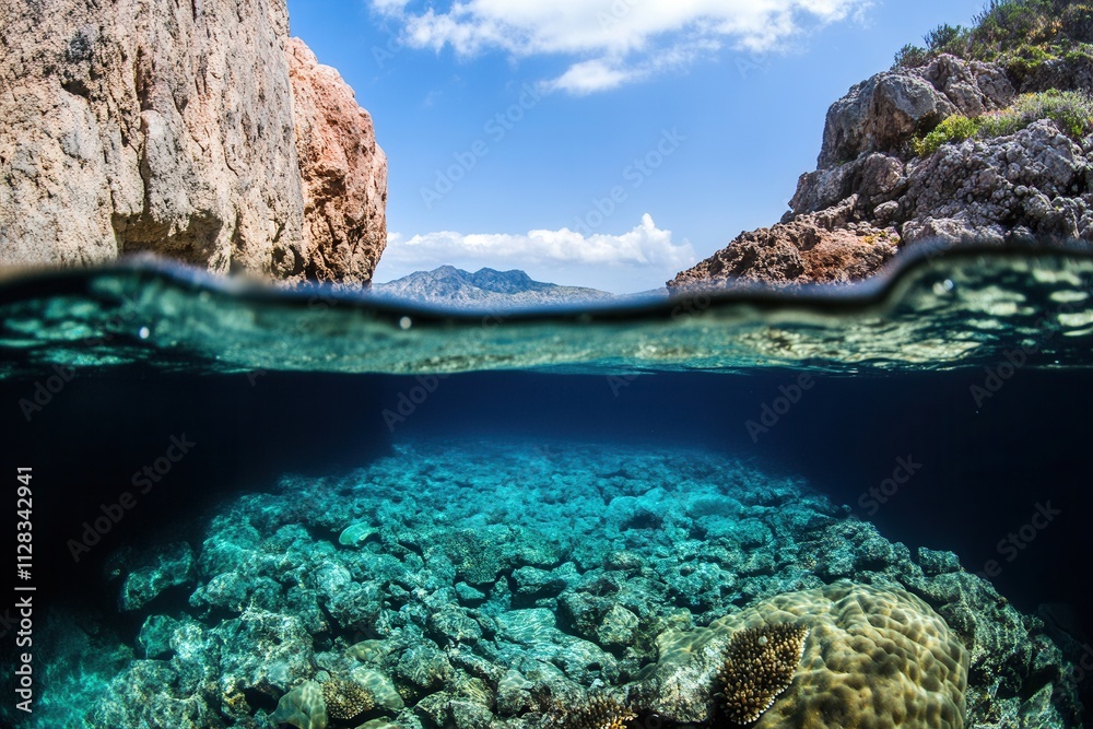 Underwater view showcasing clear water and rocky seabed. Underwater view showcasing clear water and rocky seabed.