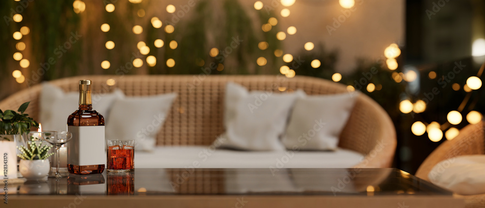 A whisky bottle and a glass on a coffee table in a beautiful living room or restaurant at night. A whisky bottle and a glass on a coffee table in a beautiful living room or restaurant at night.