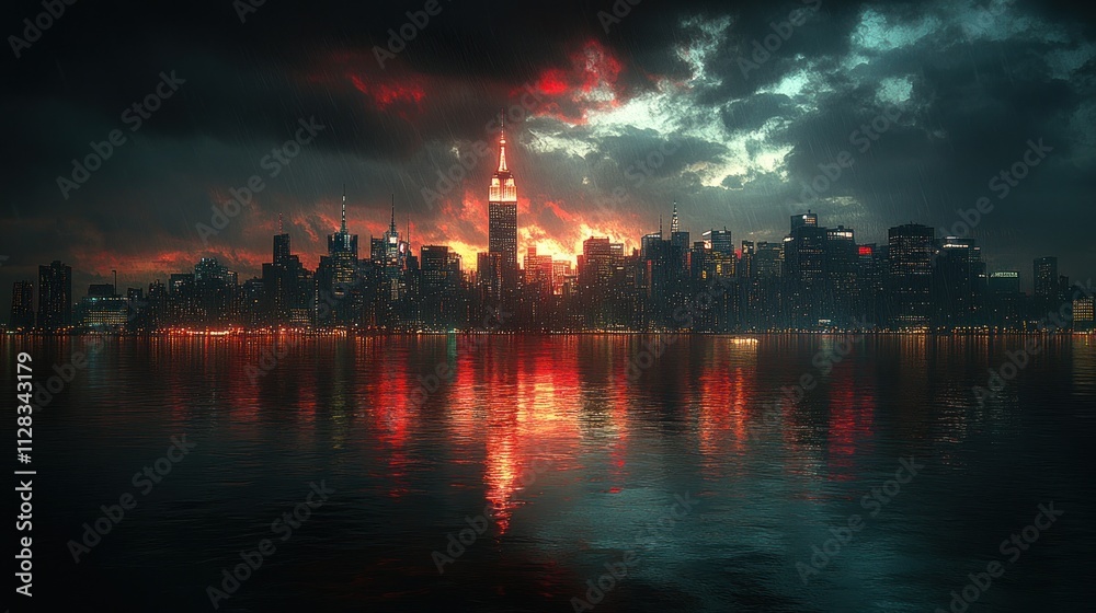 Dramatic cityscape skyline at sunset reflected in water with stormy clouds. Dramatic cityscape skyline at sunset reflected in water with stormy clouds.