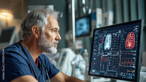 A focused doctor analyzes medical imaging on a computer screen in a clinical setting, highlighting advanced healthcare technology.