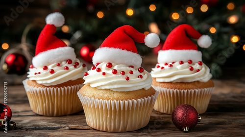 Three cupcakes with Santa hats and red sprinkles..