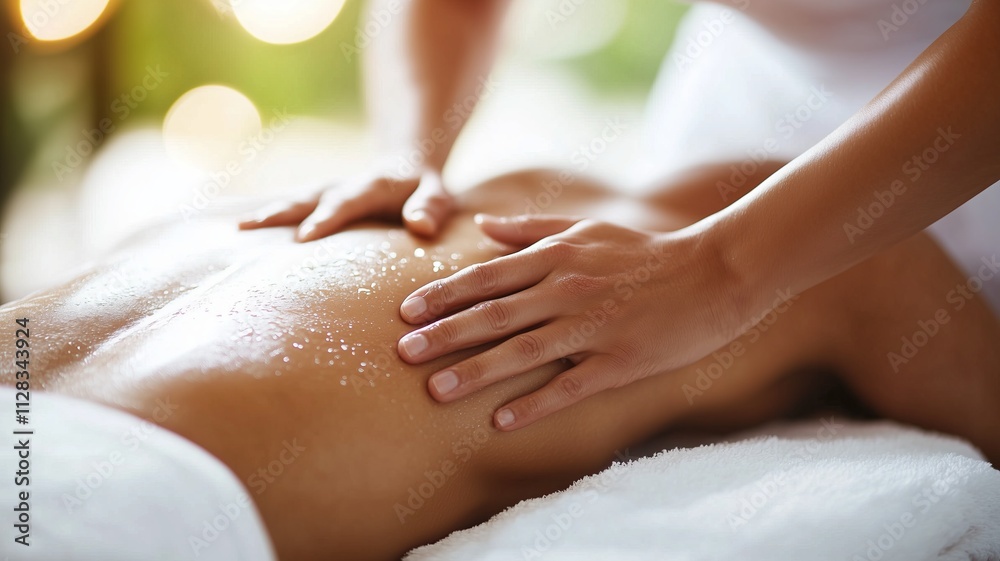 Naklejka premium Close-up of a massage therapist's hands on a client's back.