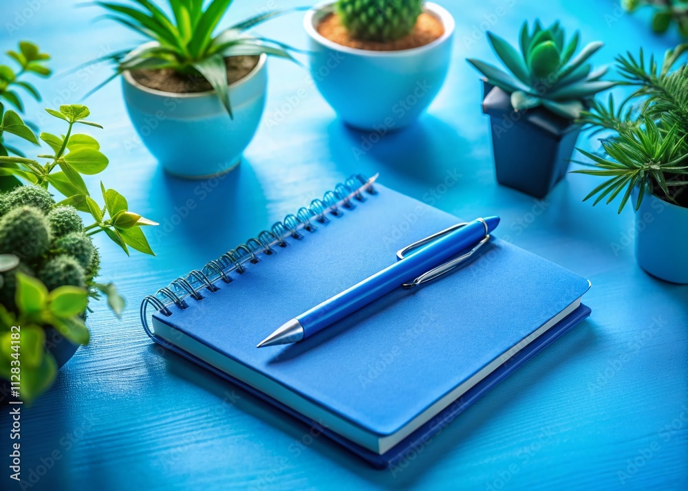 Blue Notebook Pens Plants Desktop Still Life AI Art Blue Notebook Pens Plants Desktop Still Life AI Art