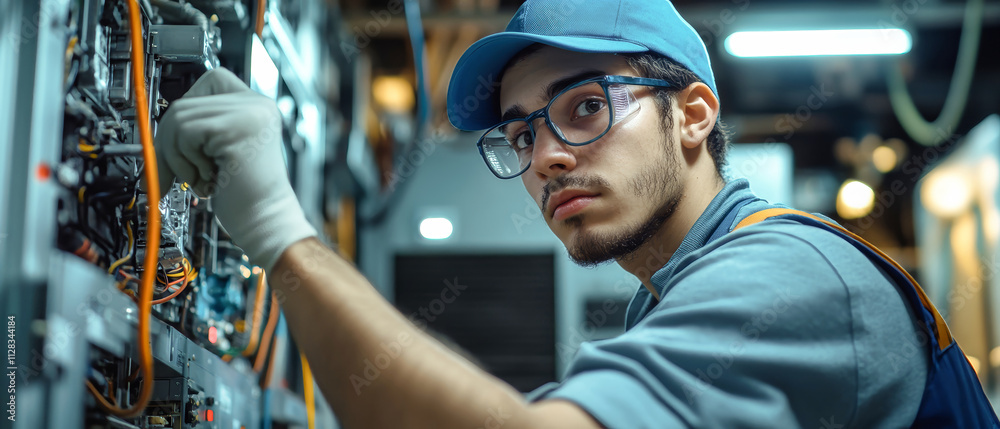 Focused young technician expertly installing an air conditioning unit in a bustling work environment filled with tools and machinery
