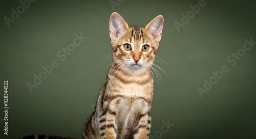 Alert young tabby cat with striped coat against soft green background for animal portrait