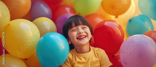 happy child surrounded by colorful balloons photo