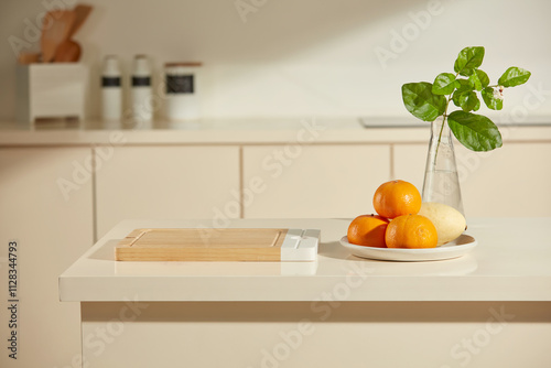 Fotografía Close up shot from front view on a kitchen island in contemporary galley, an emp