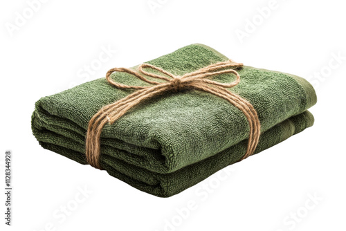 Soft green towel neatly folded and tied with twine on a bright background photo