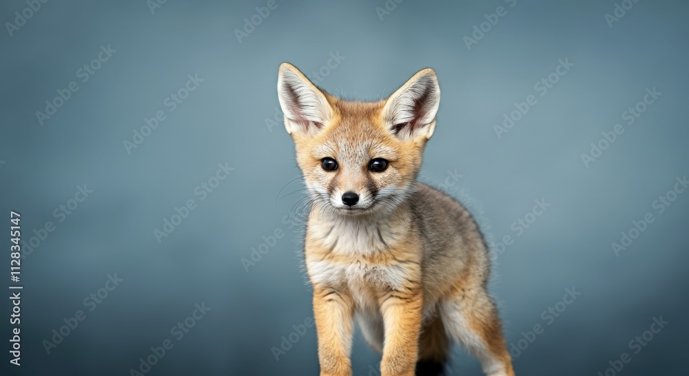 Obraz premium Adorable young fox staring into the camera against a soft blue background